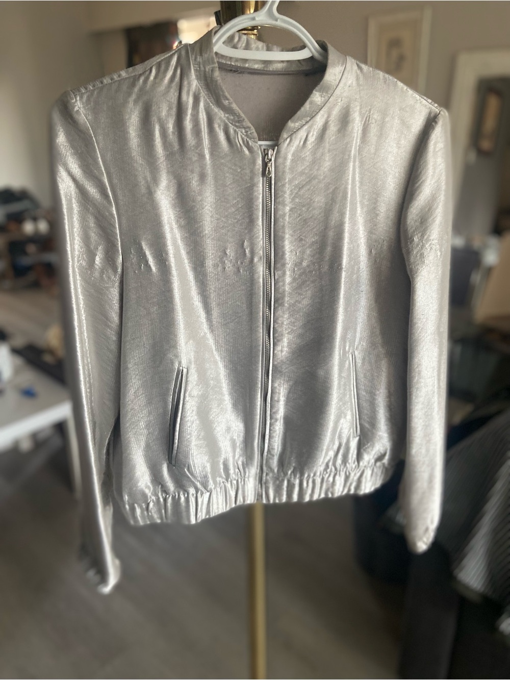 Zara Silver Women'sBomber Jacket - Matte Metallic but noshiny at all silk touch